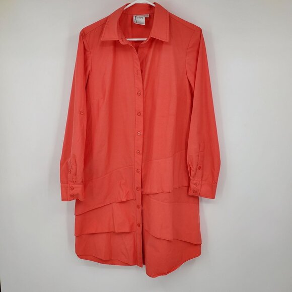 Finley Coral Button Up Long Convertible Sleeve Ruffle Collared Shirt Dress Mediu - Picture 1 of 10